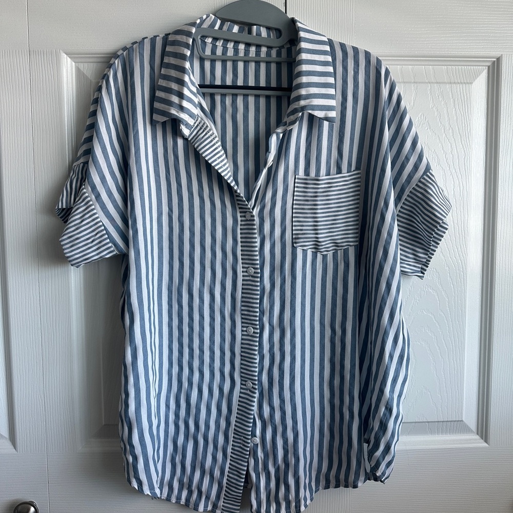 SHEIN Blue and White Striped Button-Up Short Sleeve Blouse